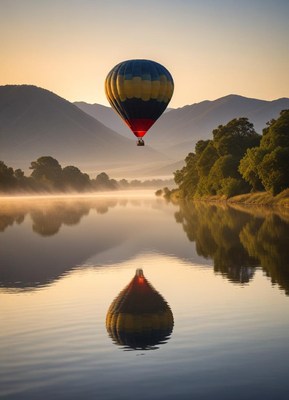 Hot air balloon floating over calm river at sunrise