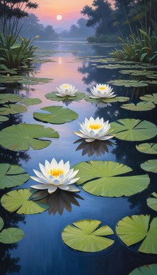 Serene water lilies bloom at sunset by tranquil pond