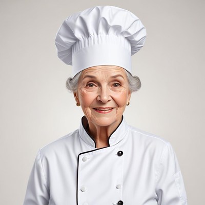 Smiling elderly chef in a white uniform and hat