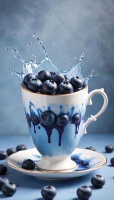 Splashing blueberries in a blue and white cup
