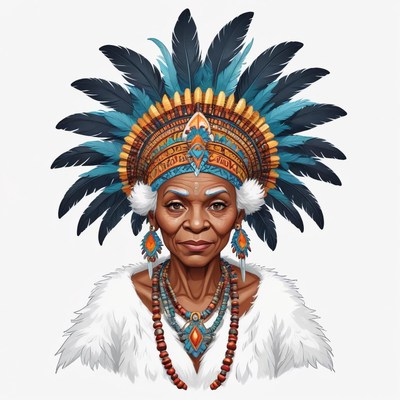 Portrait of a woman wearing a vibrant feathered headdress