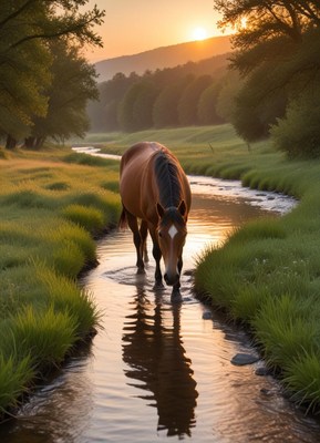 Horse drinking from a stream at sunset in the countryside