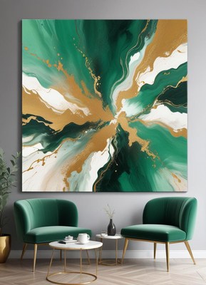 Abstract green and gold wall art in modern living room