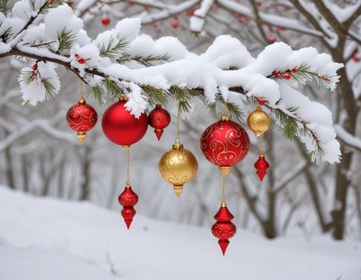 Beautiful ornaments hanging on snowy evergreen branches