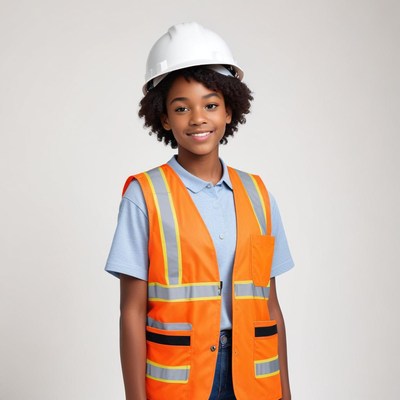 Young girl in safety gear smiles for a portrait