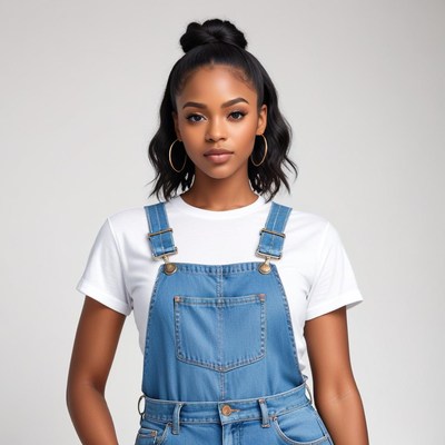 Model poses in denim overalls with stylish hairstyle