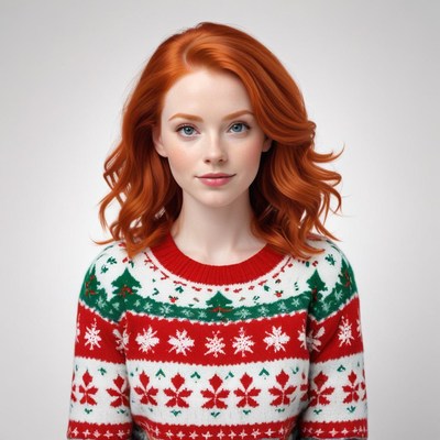 Red-haired woman wears a festive sweater for winter