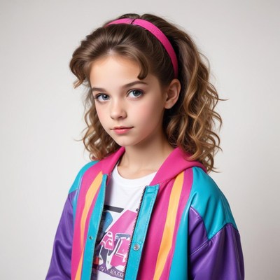 Girl in colorful retro jacket posing confidently indoors