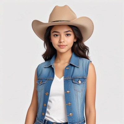 Young girl wears cowboy hat and denim vest
