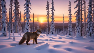 Fox walking in snowy forest during sunset