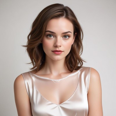 Woman in elegant silk top looking confidently at camera