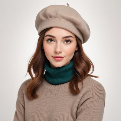 Woman poses warmly in cozy sweater and stylish beret
