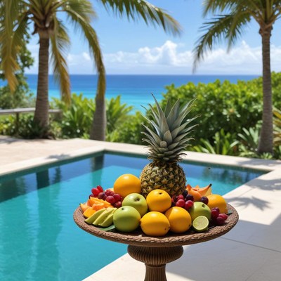 Tropical fruit display by the pool with ocean view