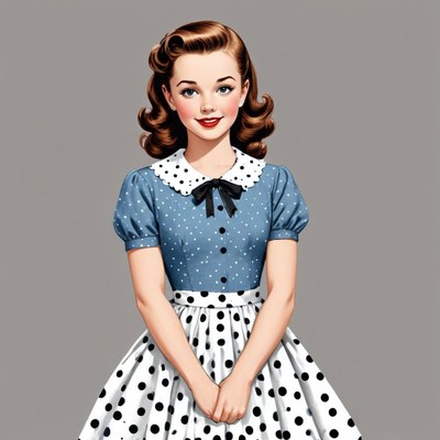 Vintage girl in polka dot dress smiling brightly