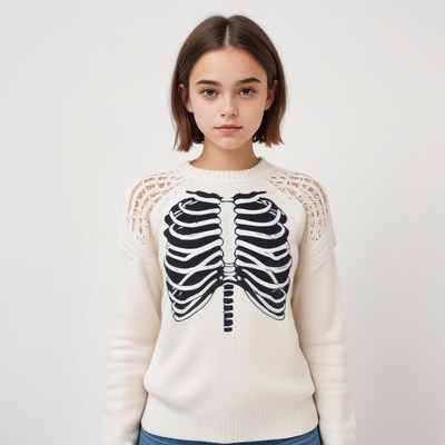 Young girl wearing a skeleton sweater in a simple setting