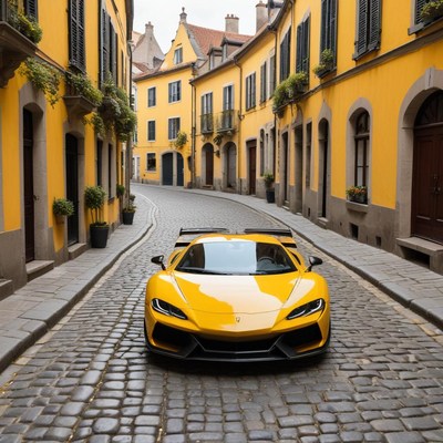 Bright yellow sports car in narrow cobblestone street