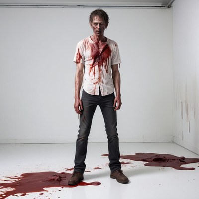 Man covered in blood stands in a stark room