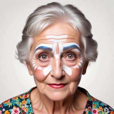 Elderly woman with artistic makeup and floral attire