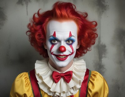 A clown with red hair and vibrant makeup poses cheerfully