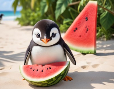 Penguin enjoys watermelon on sunny beach day