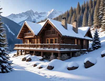 Cozy mountain cabin surrounded by winter landscape