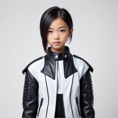 Young model poses in chic black and white jacket
