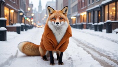 Fox in a cozy coat walking through a snowy street