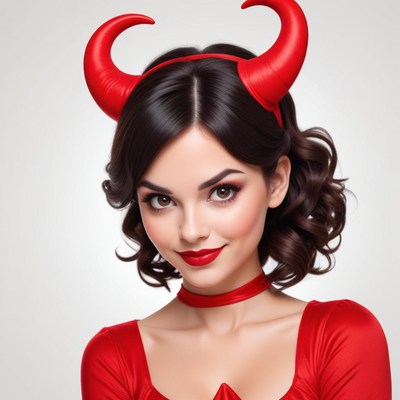 Woman in red costume with devil horns and makeup