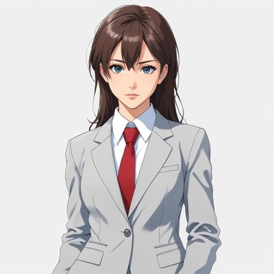 Businesswoman in gray suit with red tie poses confidently