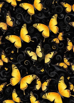 Colorful yellow butterflies on a dark background