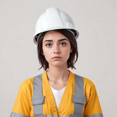 Young woman in safety gear poses for construction photo