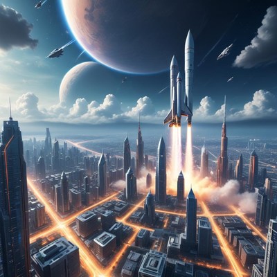 Rocket launch above futuristic city skyline at sunset