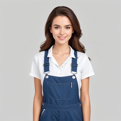 Young woman in blue overalls smiles for the camera