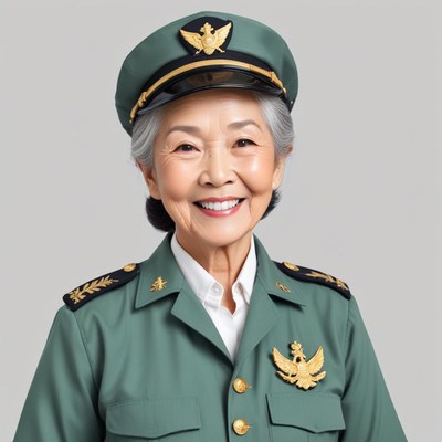 Elderly woman in military uniform smiles proudly