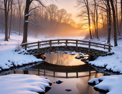 Winter sunset over a snow-covered bridge in a forest