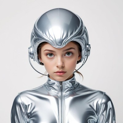 Futuristic young person in silver outfit and helmet