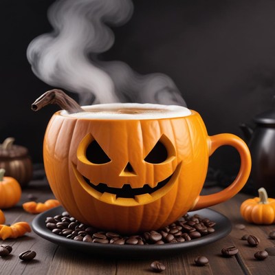 Halloween pumpkin coffee cup with steam and coffee beans