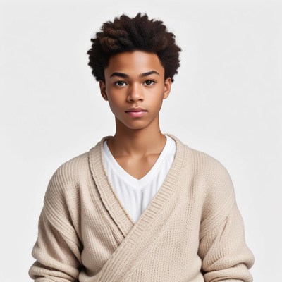 Young model poses in soft sweater on plain background