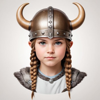 Young girl in viking warrior costume with horns