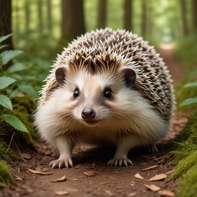 Hedgehog exploring a forest trail in bright daylight