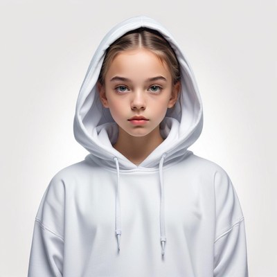 Young girl wearing a white hoodie with a serious expression