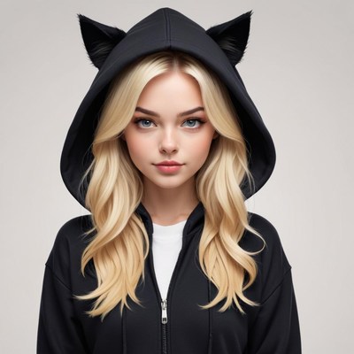 Young woman with cat ears wears a black hoodie