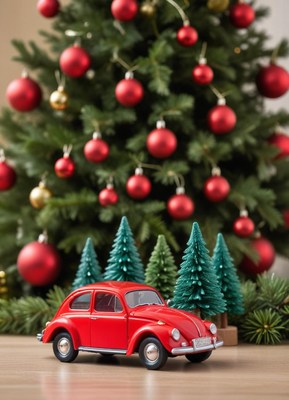 Red toy car with christmas tree and decorations