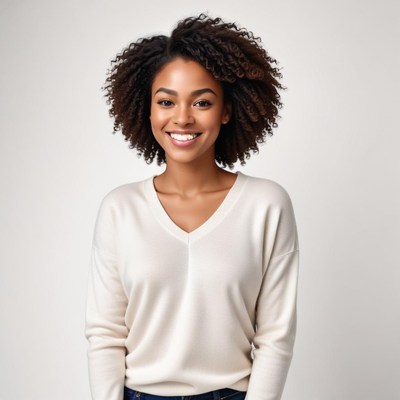 Smiling woman with curly hair in a light sweater