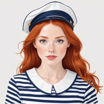 Bright red-haired woman in sailor hat and striped shirt