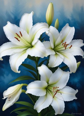 White lilies blooming against a blue background