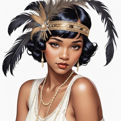 Elegant woman in vintage attire with feathers and pearls