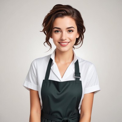 Young woman in apron smiles at a neutral backdrop
