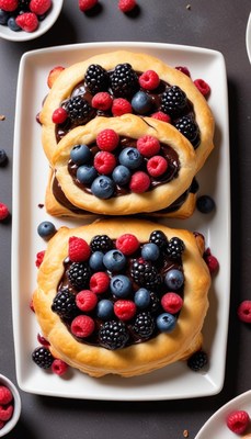 Baked pastries topped with fresh berries and chocolate