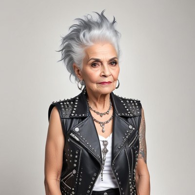 Senior woman with silver hair showcases punk style